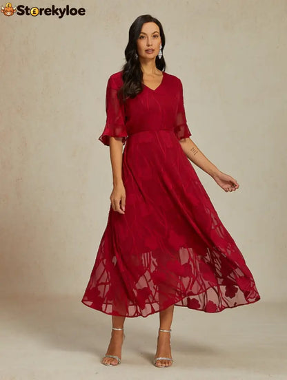 Sheer Sleeve V-Neck Floral Dress