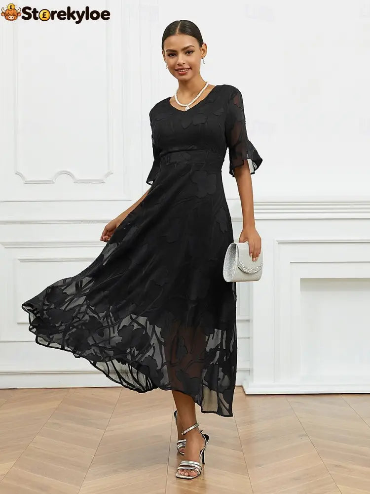 Sheer Sleeve V-Neck Floral Dress - Black / S