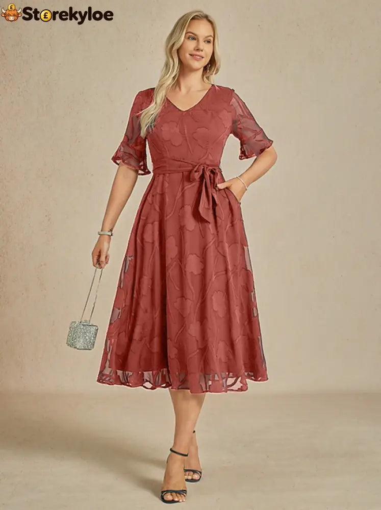 Sheer Sleeve V-Neck Floral Dress - Coral Red / S