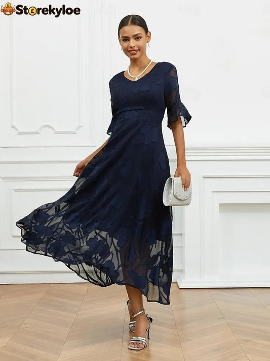 Sheer Sleeve V-Neck Floral Dress - Dark Blue / S