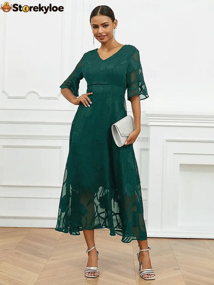 Sheer Sleeve V-Neck Floral Dress - Green / S