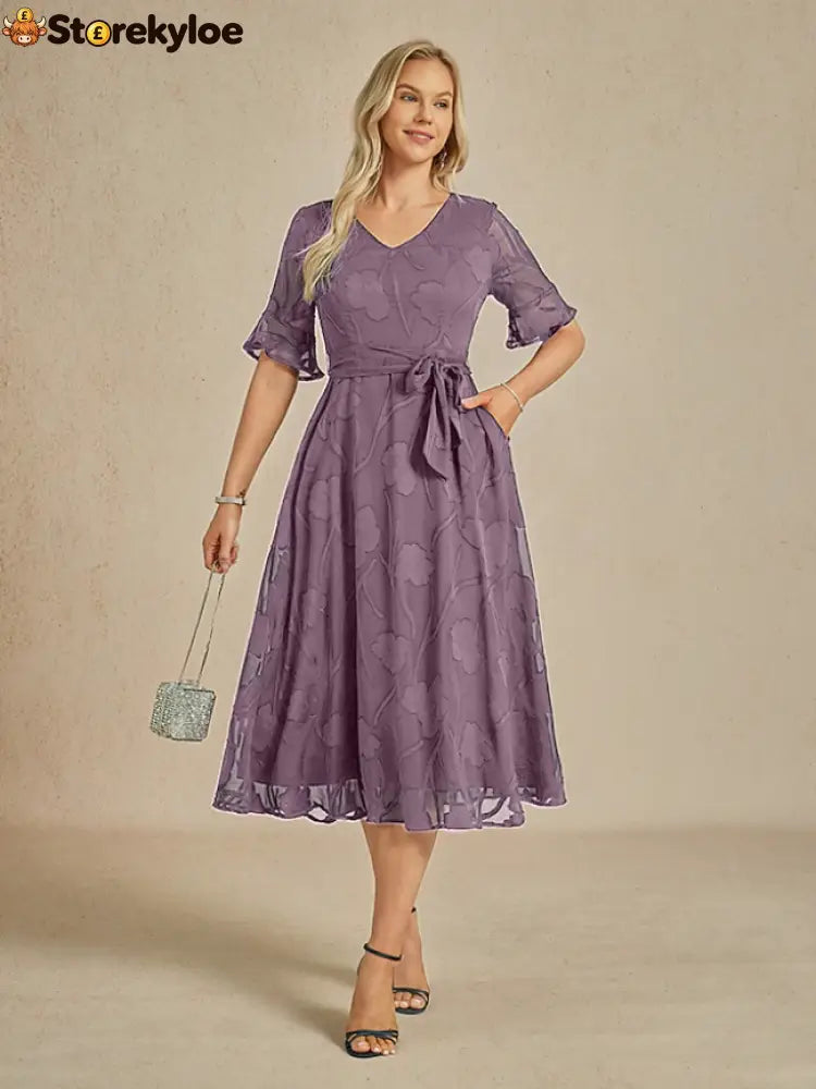 Sheer Sleeve V-Neck Floral Dress - Light Purple / S