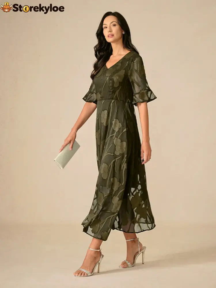 Sheer Sleeve V-Neck Floral Dress - Olive / S