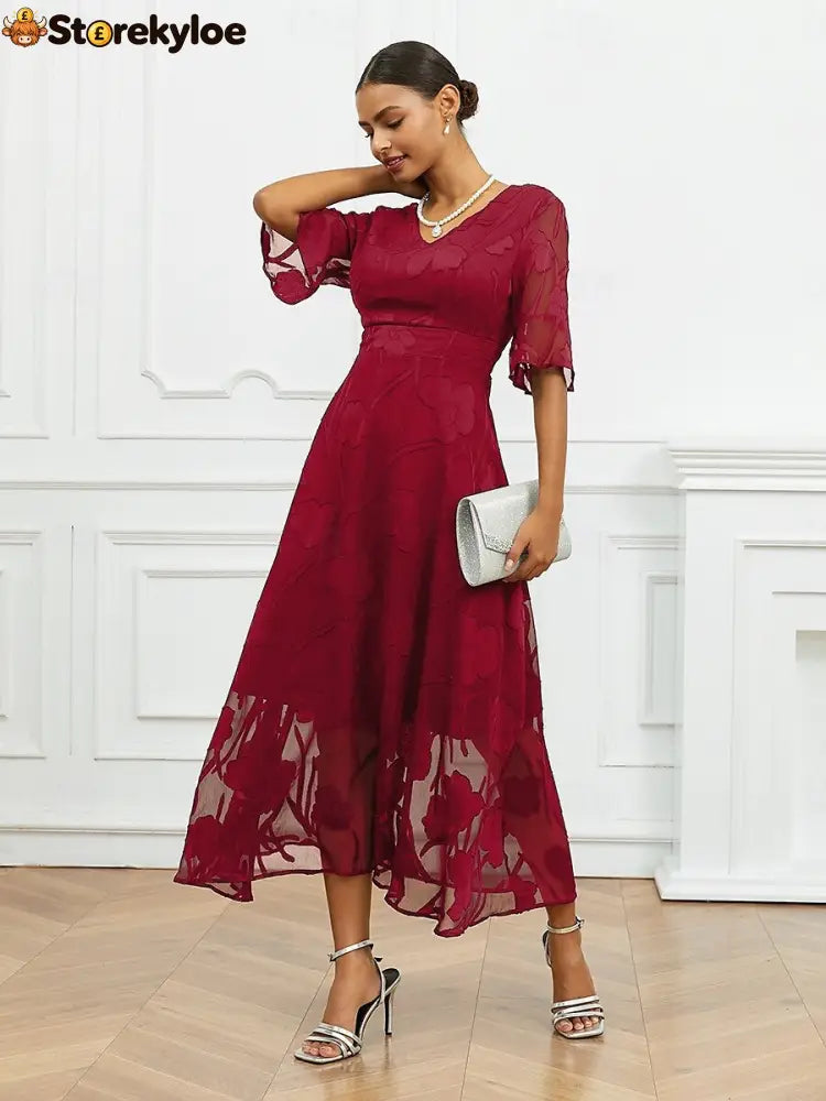Sheer Sleeve V-Neck Floral Dress - Red / S