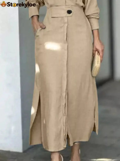 Side Slit Long Sleeve Shirt Dress