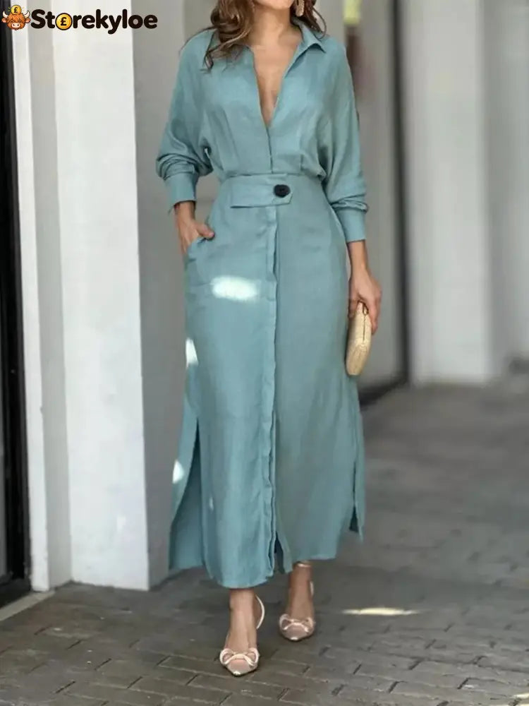 Side Slit Long Sleeve Shirt Dress
