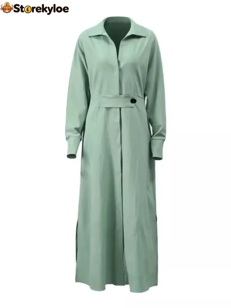 Side Slit Long Sleeve Shirt Dress - Green / S