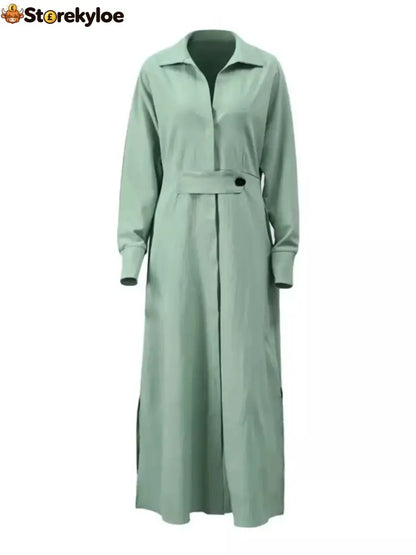 Side Slit Long Sleeve Shirt Dress - Green / S
