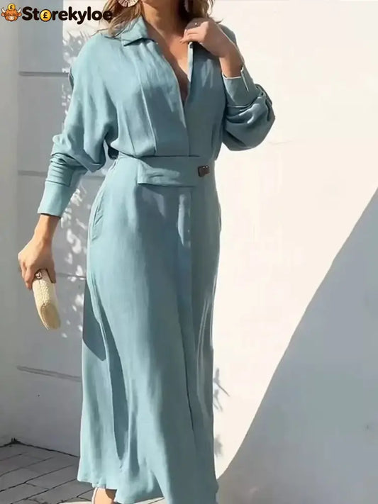 Side Slit Long Sleeve Shirt Dress - Sky Blue / S