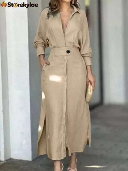 Side Slit Long Sleeve Shirt Dress - Tan / S