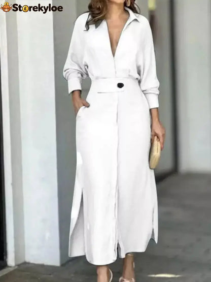 Side Slit Long Sleeve Shirt Dress - White / S