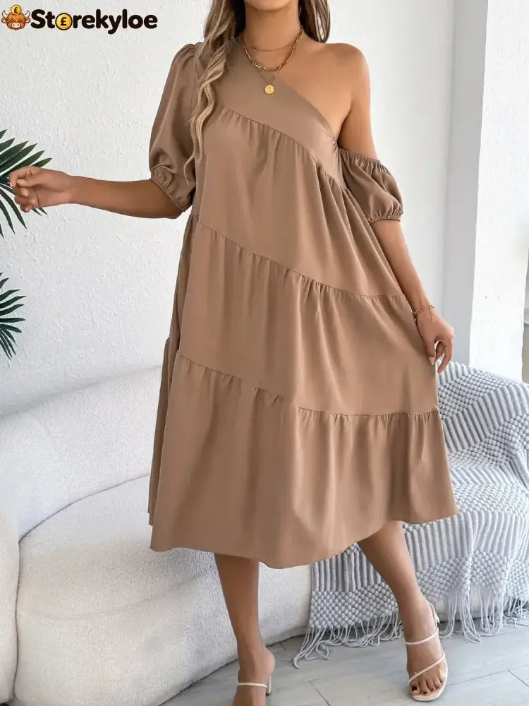 Single Shoulder Tiered Dress - Camel / S