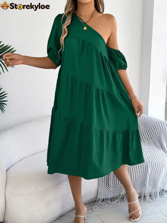 Single Shoulder Tiered Dress - Dark Green / S