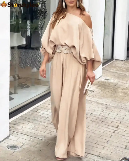 Skew Neck Lantern Sleeve Loose Top & Zipper Fly Wide Leg Pants Set Without Belt