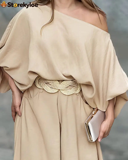 Skew Neck Lantern Sleeve Loose Top & Zipper Fly Wide Leg Pants Set Without Belt