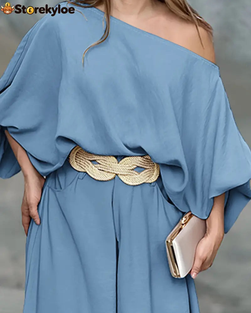 Skew Neck Lantern Sleeve Loose Top & Zipper Fly Wide Leg Pants Set Without Belt