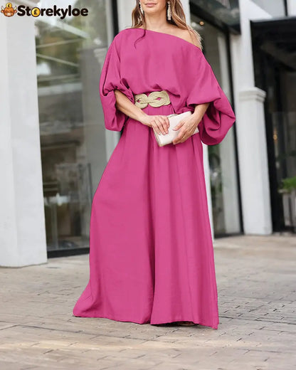 Skew Neck Lantern Sleeve Loose Top & Zipper Fly Wide Leg Pants Set Without Belt