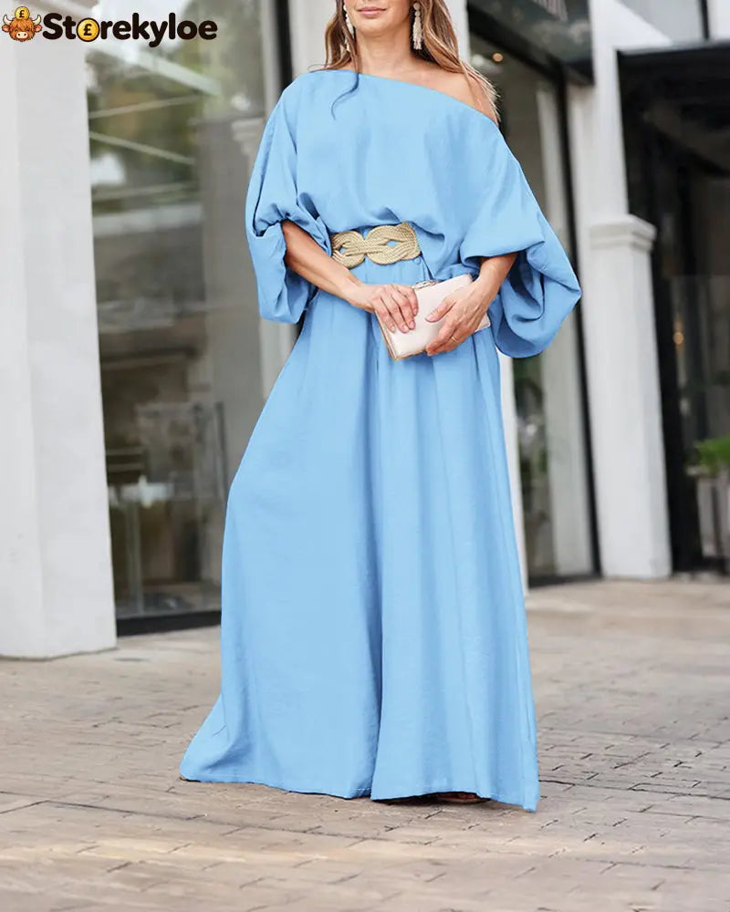 Skew Neck Lantern Sleeve Loose Top & Zipper Fly Wide Leg Pants Set Without Belt