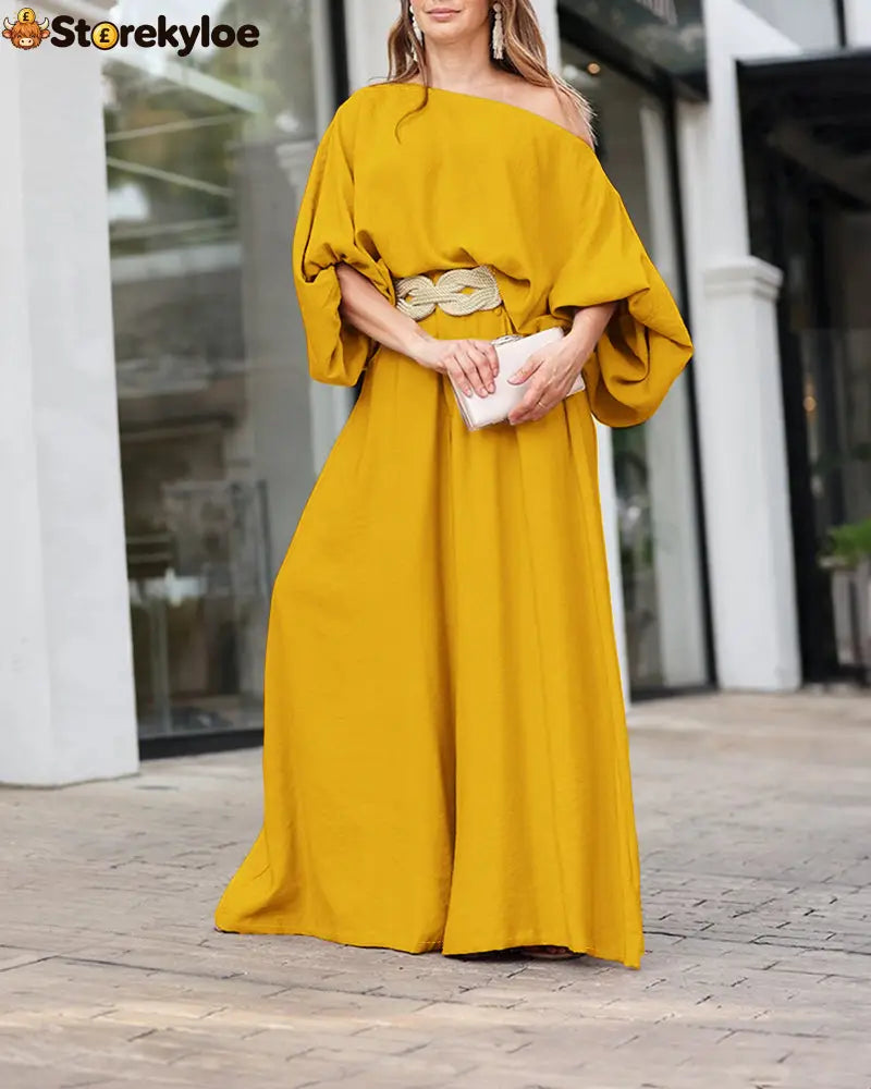 Skew Neck Lantern Sleeve Loose Top & Zipper Fly Wide Leg Pants Set Without Belt