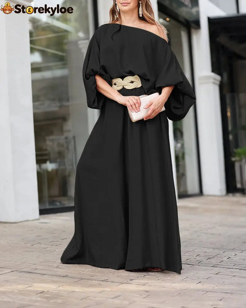 Skew Neck Lantern Sleeve Loose Top & Zipper Fly Wide Leg Pants Set Without Belt