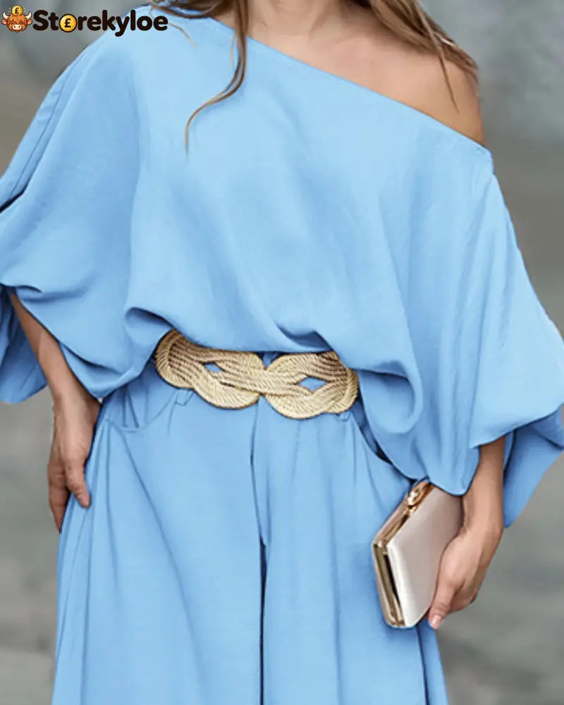 Skew Neck Lantern Sleeve Loose Top & Zipper Fly Wide Leg Pants Set Without Belt