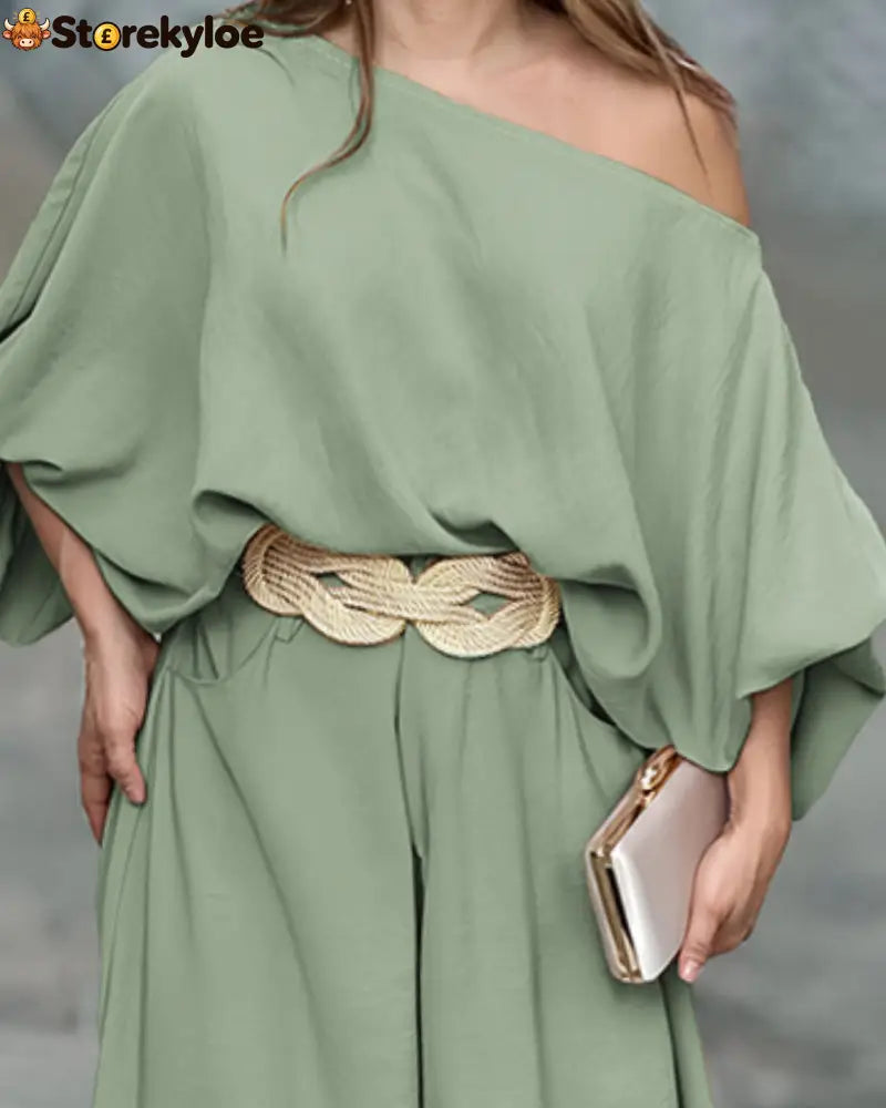 Skew Neck Lantern Sleeve Loose Top & Zipper Fly Wide Leg Pants Set Without Belt