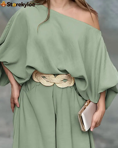 Skew Neck Lantern Sleeve Loose Top & Zipper Fly Wide Leg Pants Set Without Belt