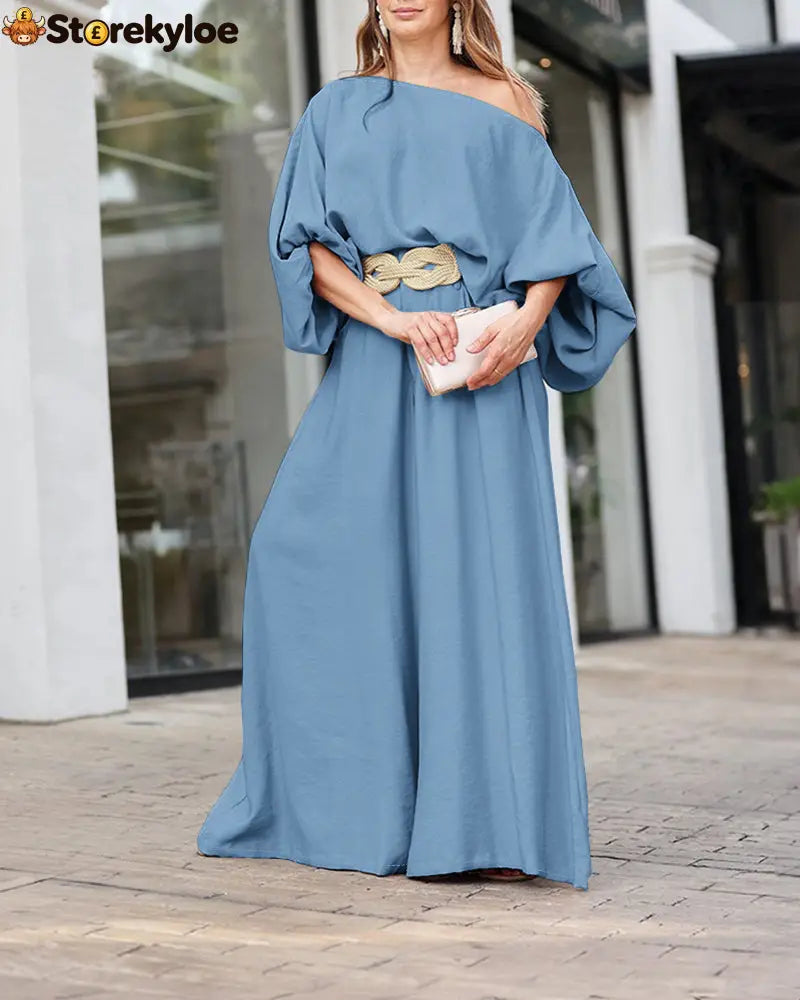 Skew Neck Lantern Sleeve Loose Top & Zipper Fly Wide Leg Pants Set Without Belt