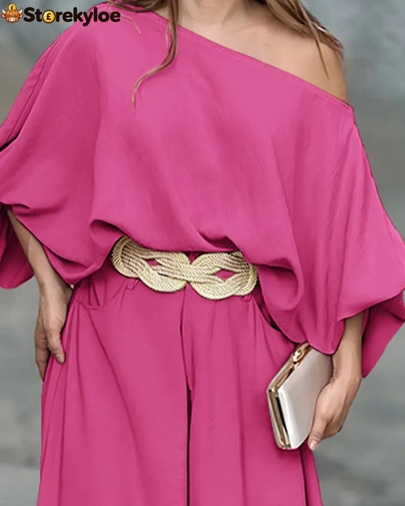 Skew Neck Lantern Sleeve Loose Top & Zipper Fly Wide Leg Pants Set Without Belt