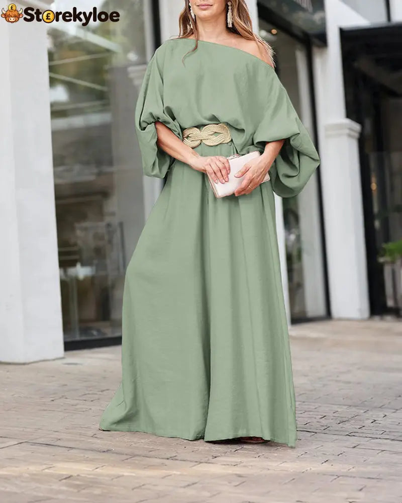 Skew Neck Lantern Sleeve Loose Top & Zipper Fly Wide Leg Pants Set Without Belt
