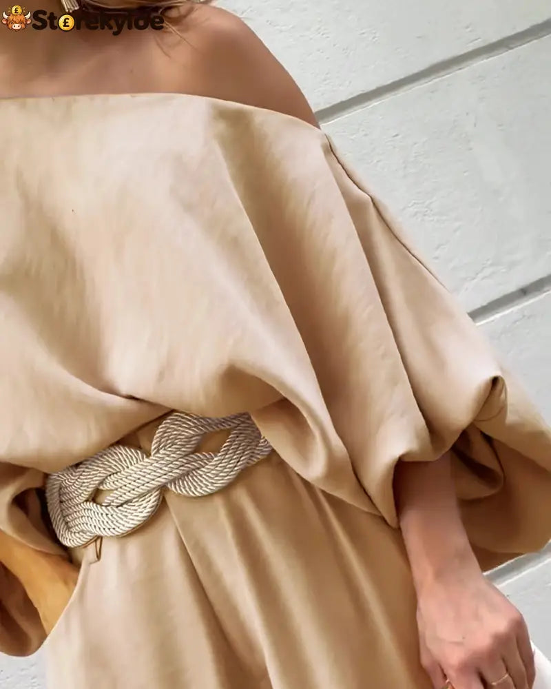 Skew Neck Lantern Sleeve Loose Top & Zipper Fly Wide Leg Pants Set Without Belt