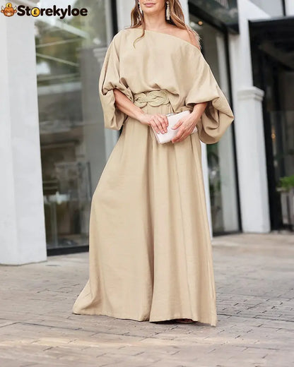 Skew Neck Lantern Sleeve Loose Top & Zipper Fly Wide Leg Pants Set Without Belt