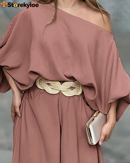 Skew Neck Lantern Sleeve Loose Top & Zipper Fly Wide Leg Pants Set Without Belt