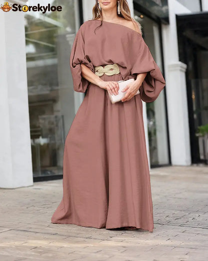 Skew Neck Lantern Sleeve Loose Top & Zipper Fly Wide Leg Pants Set Without Belt
