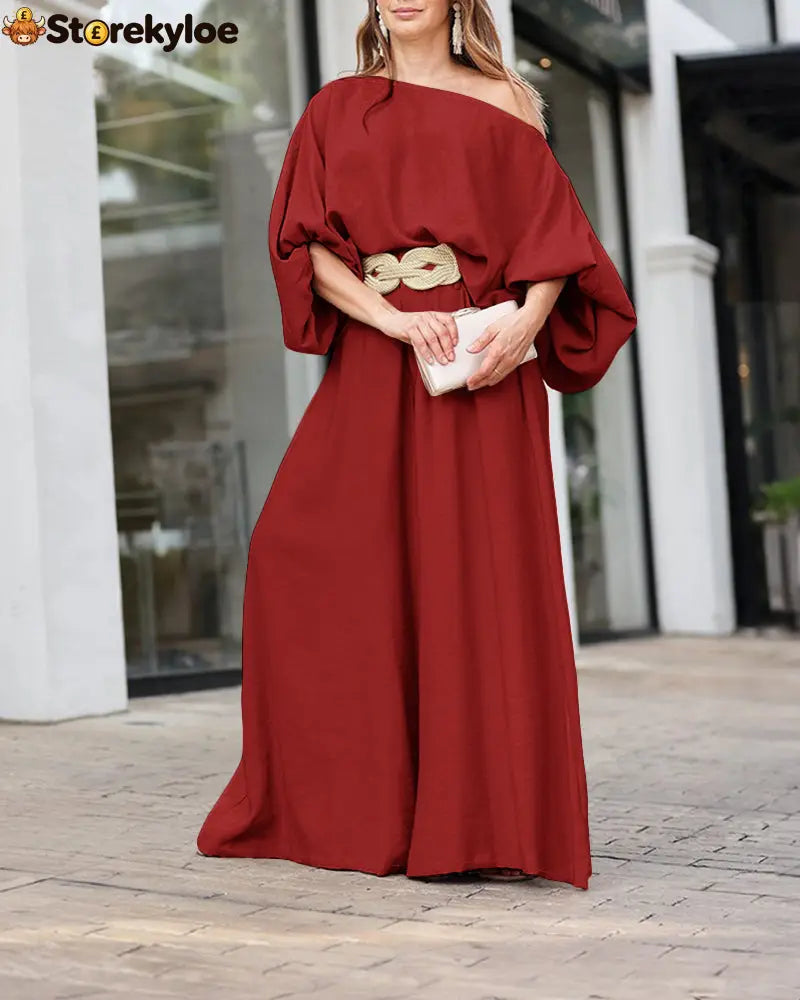 Skew Neck Lantern Sleeve Loose Top & Zipper Fly Wide Leg Pants Set Without Belt