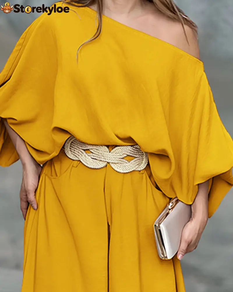 Skew Neck Lantern Sleeve Loose Top & Zipper Fly Wide Leg Pants Set Without Belt