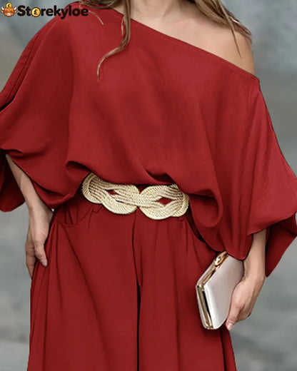 Skew Neck Lantern Sleeve Loose Top & Zipper Fly Wide Leg Pants Set Without Belt