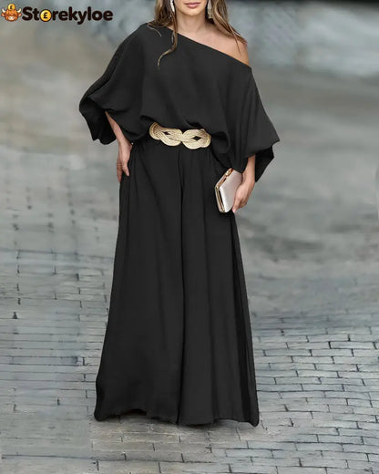 Skew Neck Lantern Sleeve Loose Top & Zipper Fly Wide Leg Pants Set Without Belt - Black / S
