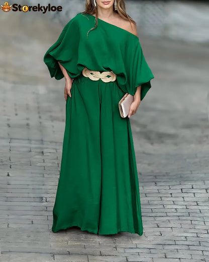 Skew Neck Lantern Sleeve Loose Top & Zipper Fly Wide Leg Pants Set Without Belt - darkgreen / S