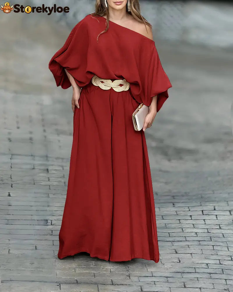 Skew Neck Lantern Sleeve Loose Top & Zipper Fly Wide Leg Pants Set Without Belt - darkred / S
