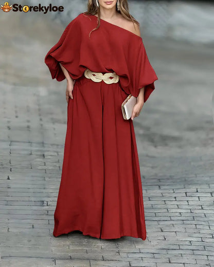 Skew Neck Lantern Sleeve Loose Top & Zipper Fly Wide Leg Pants Set Without Belt - darkred / S