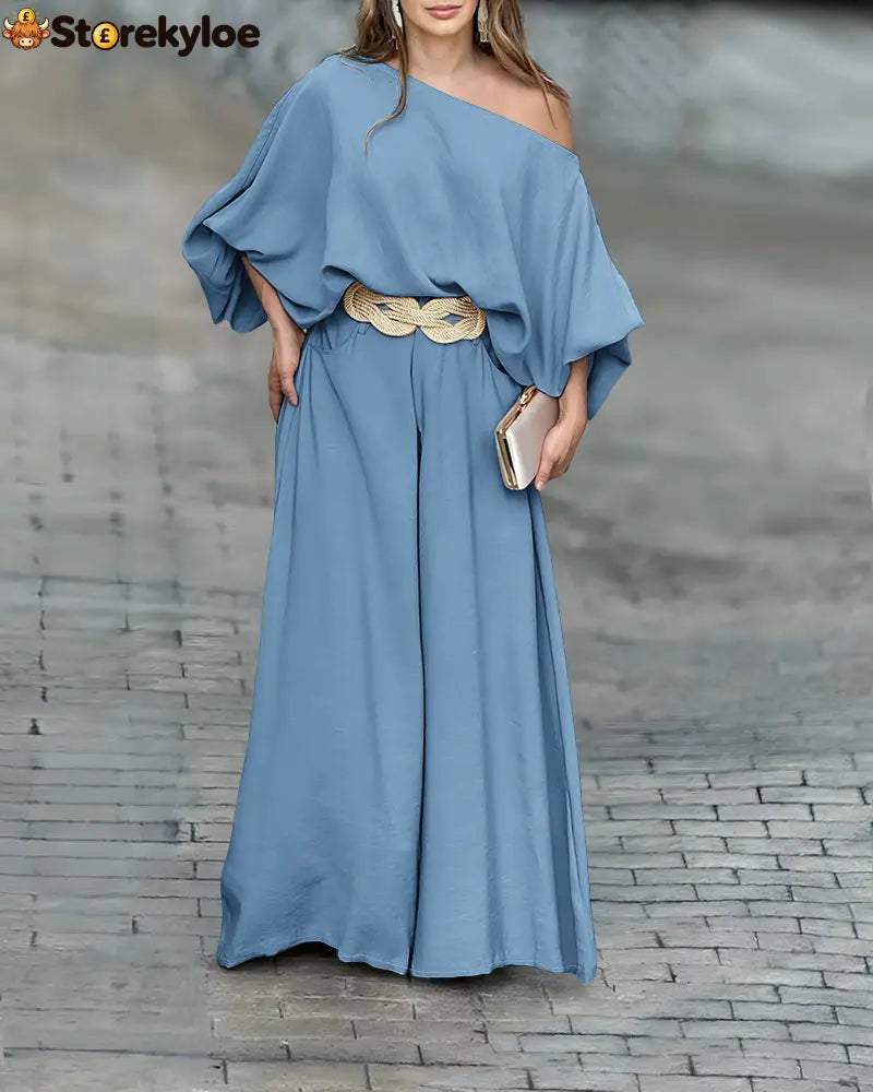 Skew Neck Lantern Sleeve Loose Top & Zipper Fly Wide Leg Pants Set Without Belt - dodgerblue / S