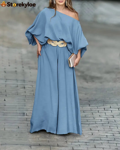 Skew Neck Lantern Sleeve Loose Top & Zipper Fly Wide Leg Pants Set Without Belt - dodgerblue / S