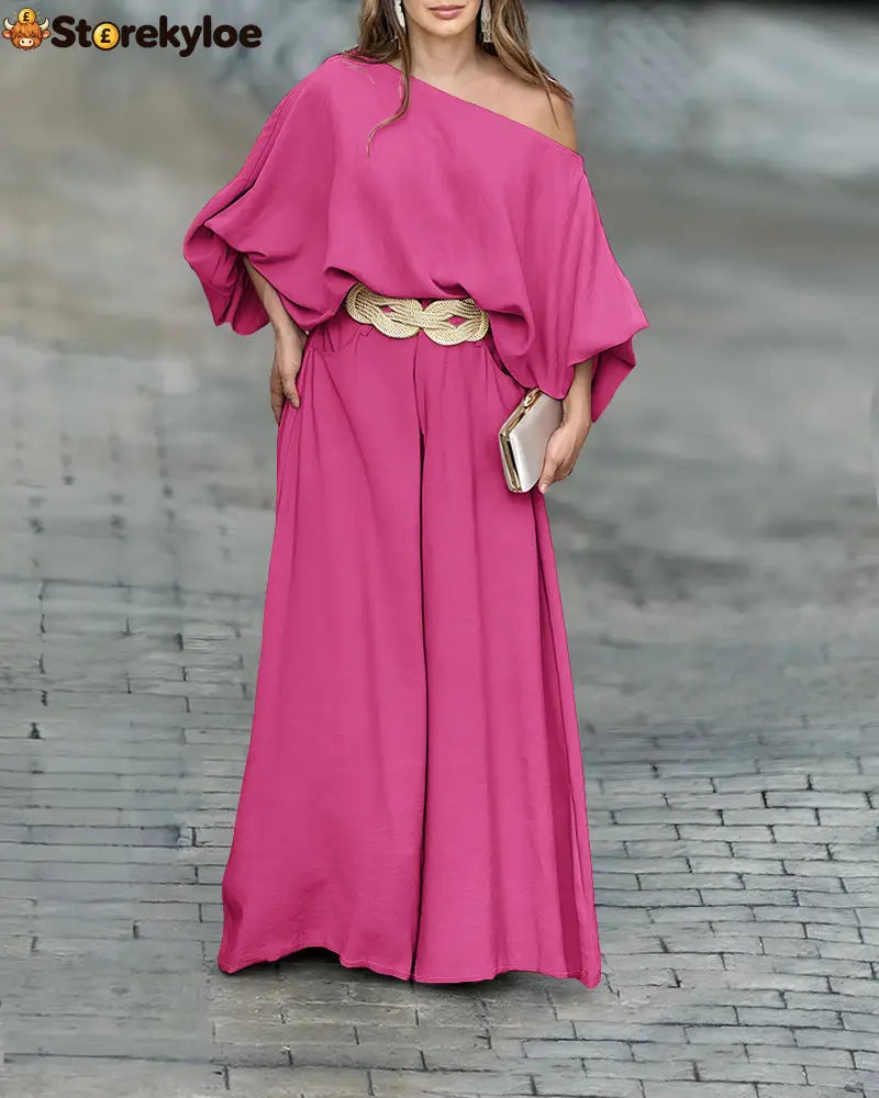 Skew Neck Lantern Sleeve Loose Top & Zipper Fly Wide Leg Pants Set Without Belt - hotpink / S