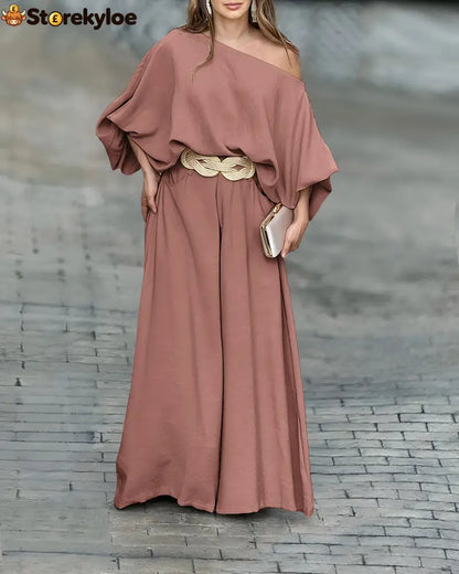 Skew Neck Lantern Sleeve Loose Top & Zipper Fly Wide Leg Pants Set Without Belt - indianred / S