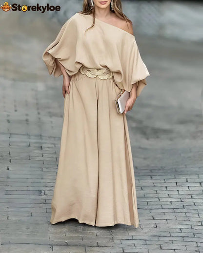 Skew Neck Lantern Sleeve Loose Top & Zipper Fly Wide Leg Pants Set Without Belt - khaki / S