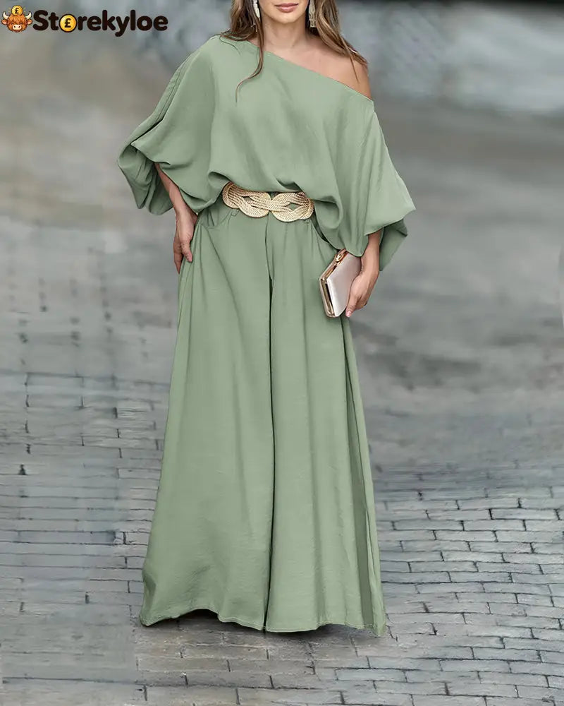 Skew Neck Lantern Sleeve Loose Top & Zipper Fly Wide Leg Pants Set Without Belt - lightgreen / S