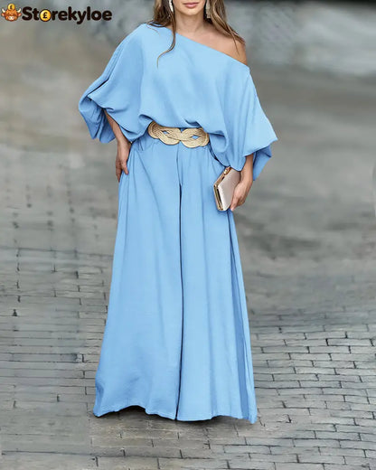 Skew Neck Lantern Sleeve Loose Top & Zipper Fly Wide Leg Pants Set Without Belt - skyblue / S