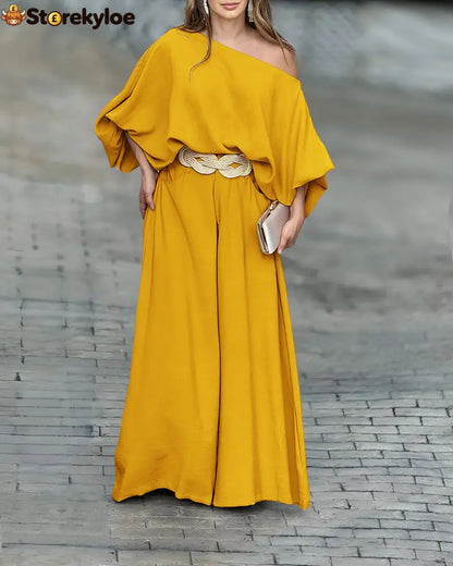 Skew Neck Lantern Sleeve Loose Top & Zipper Fly Wide Leg Pants Set Without Belt - yellow / S