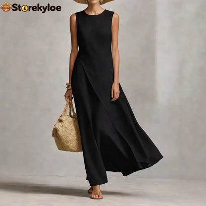 Sleeveless Asymmetrical Linen Maxi Dress - Black / XS
